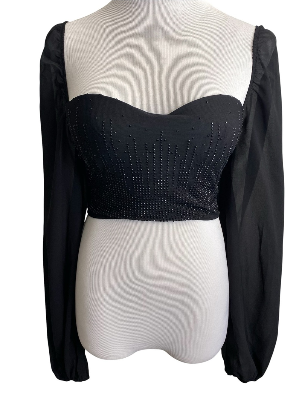 Windsor Womens Crop Top Size M Black Rhinestone Bustier Sheer Long Sleeve